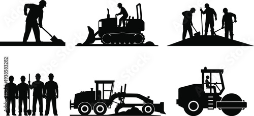 Construction worker and heavy equipment silhouettes set including bulldozer road roller grader and labor team for road building and construction industry concept