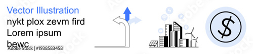Urban development, renewable energy, finance, progress, eco-friendly innovation, and navigation. ion of a cityscape, dollar symbol and arrows. Urban development and renewable energy