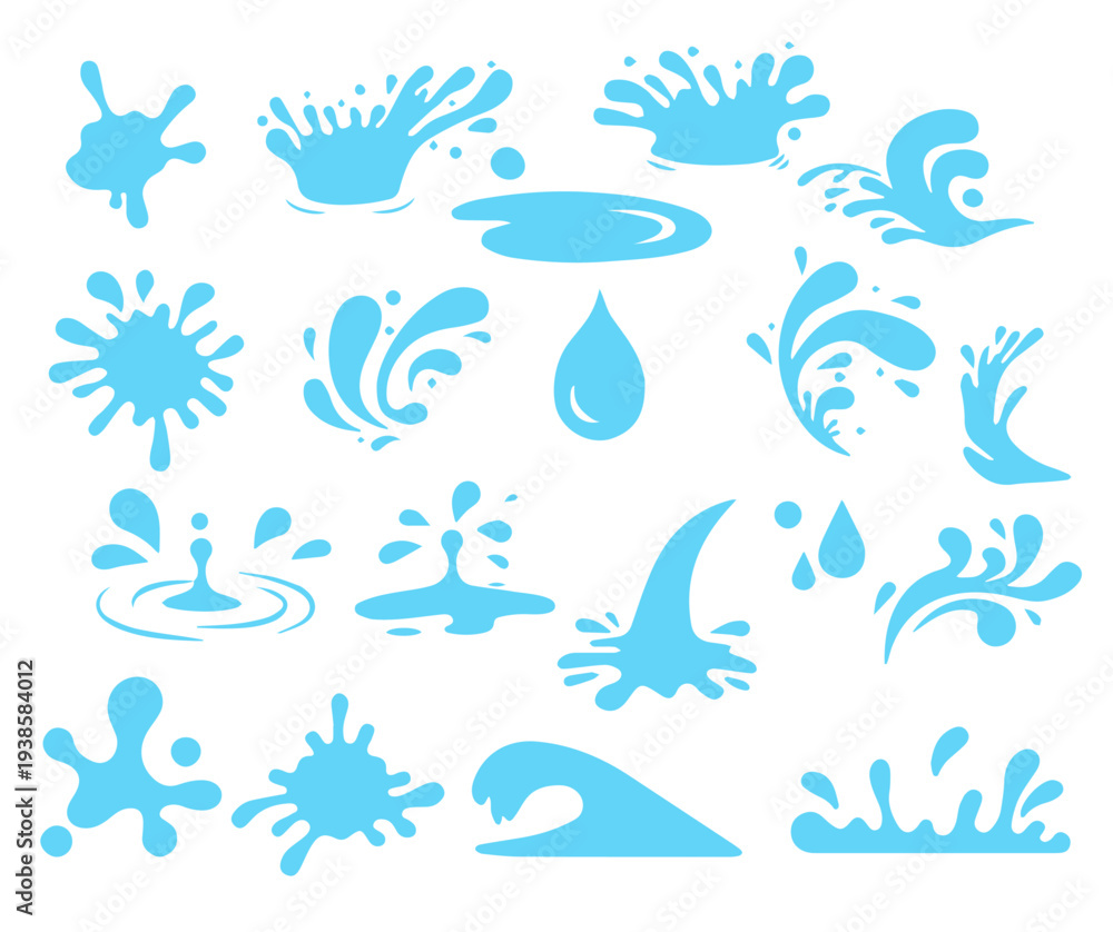 Fototapeta premium Water splash shapes with droplets. Ink splatter silhouette, paint spill, flowing fluid and liquid blots. Dynamic burst splashes hand drawn isolated set