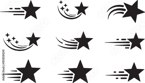 Set of shooting stars isolated on transparent background, dark black falling comets, glowing meteors