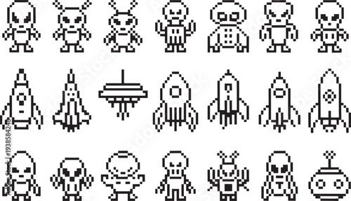 Set of pixel art aliens and spaceships, retro 8 bit extraterrestrial characters and rockets