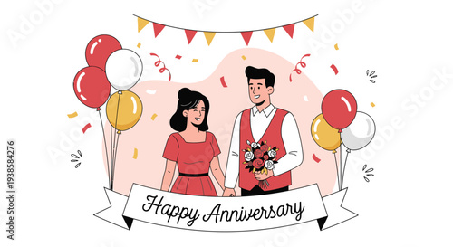 Couple Celebrating Anniversary with Balloons and Banner.