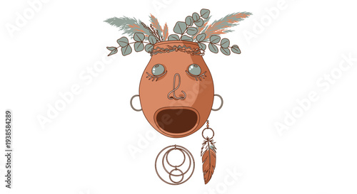 Ceramic Mask with Feathers and Jewelry.