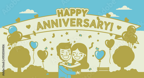 Couple Embracing Under Anniversary Banner Illustration.