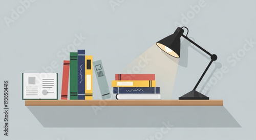 Bookshelf with Lamp and Documents Illustration.