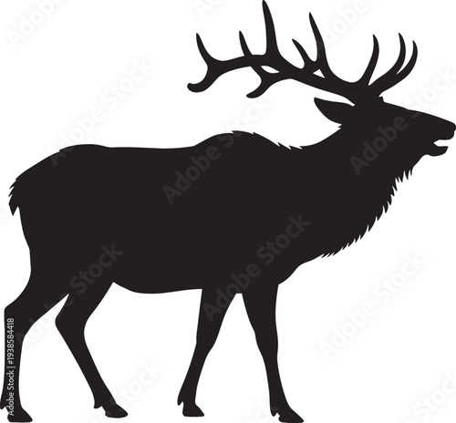 Majestic elk silhouette profile with large antlers standing alert in nature, wild animal illustration