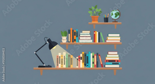 Cozy Bookshelf with Lamp and Globe Illustration.