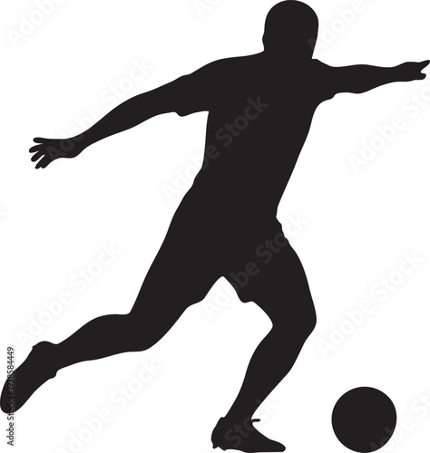 Soccer player kicking ball dynamic action illustration silhouette isolated on checkered background, sports concept