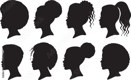 Collection of female silhouette profiles with diverse hairstyles, beauty and fashion illustration