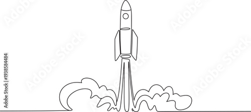Continuous line drawing of rocket ship launching with smoke trail on transparent background artwork