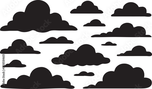 Set of black clouds silhouettes, vector illustration isolated on transparent background, weather icon