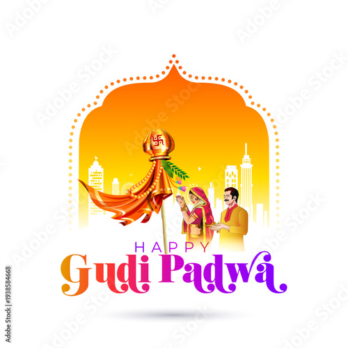 Festive logo happy Gudi Padwa with red flag, window and city building skyline background and India hindu traditional family coupl doing prayer vector illustration.