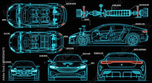 Blueprint Schematics of a Modern Electric Car Design.