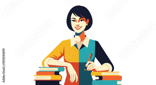 Woman with pen and books illustration