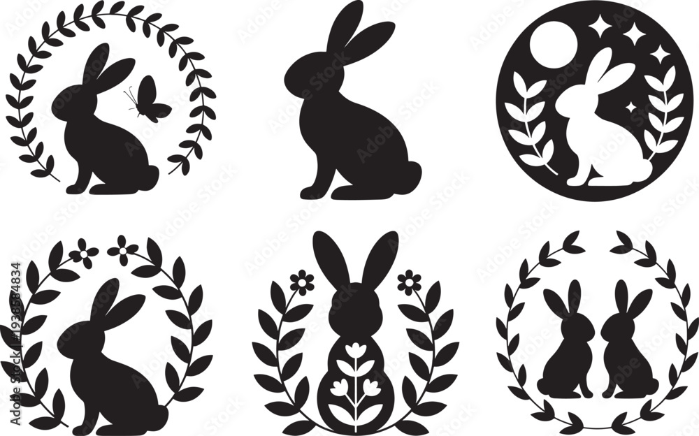 Fototapeta premium Set of six black silhouettes of easter bunnies and floral wreaths on transparent background