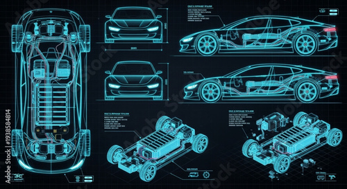 Blueprint of an Electric Car with Detailed Technical Schematics.