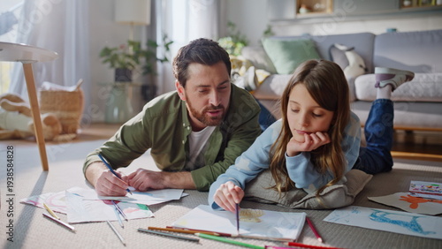 Father daughter drawing pencils involved art hobby closeup. Smiling man girl