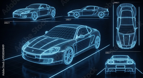 Futuristic Car Blueprint Wireframe Design.