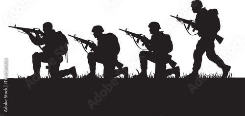 Silhouettes of four soldiers with rifles in combat positions against transparent background