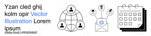 Digital networking, communication tools, collaboration, email organization, workflow efficiency, scheduling strategies. Globes with user icons, an email symbol and a calendar. Networking