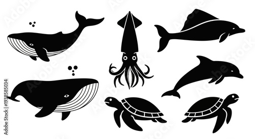 Ocean Wildlife Silhouettes Vector Set: Whale, Squid, Dolphin, Sea Turtle Icons