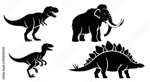 Prehistoric Animal Silhouettes: Dinosaurs and Mammoth Icons Set