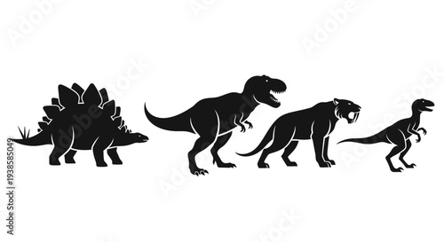 Prehistoric Animal Silhouettes: Dinosaurs and Saber-toothed Tiger Icons