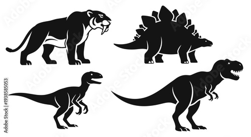 Prehistoric Animal Silhouettes: Dinosaurs and Saber-Toothed Tiger Vector Set