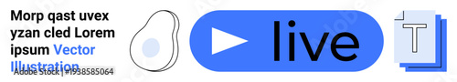 Live streaming, media platforms, user interfaces, content creation, online broadcasting, multimedia design. Blue play button with the word live accompanied by graphic design elements. Live streaming