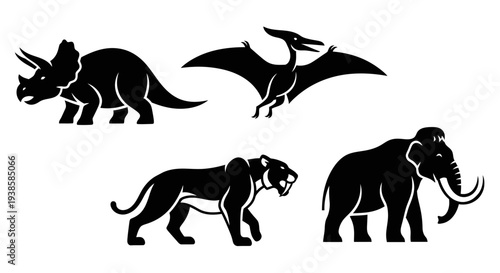 Prehistoric Animal Silhouettes: Dinosaurs, Mammoth, Saber-toothed Tiger Icons