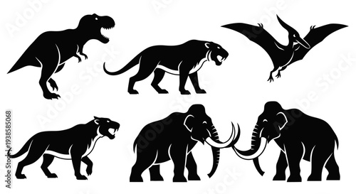 Prehistoric Animal Silhouettes Set: Dinosaur, Mammoth, Saber-toothed Tiger Icons