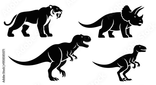 Prehistoric Animal Silhouettes Set: Dinosaurs and Extinct Mammals Vector