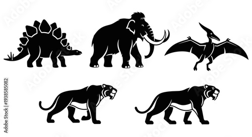 Prehistoric Animal Silhouettes: Stegosaurus, Mammoth, Pterodactyl, and Saber-toothed Tigers