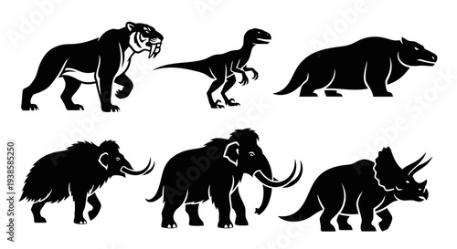 Prehistoric Animals Silhouettes Set: Dinosaurs and Extinct Mammals Icons
