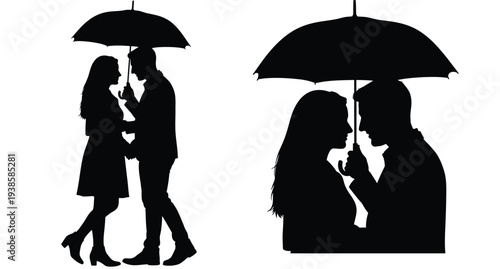 Couple sharing an umbrella a romantic moment in black silhouette