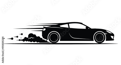 A speeding sports car drifts leaving tire marks a striking silhouette