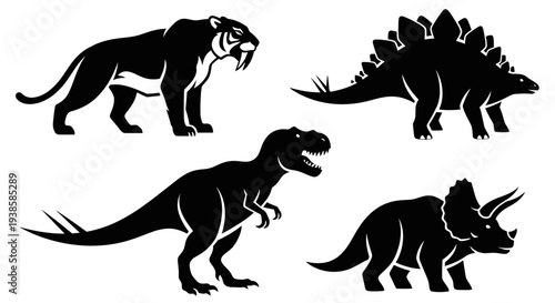 Prehistoric Animals Silhouettes Set: Dinosaurs and Saber-toothed Tiger Icons