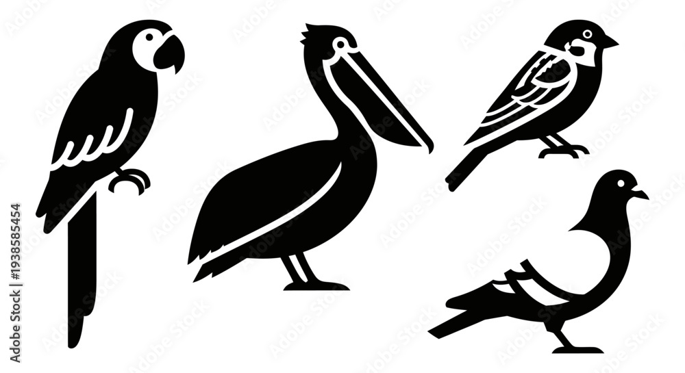 Fototapeta premium Vector Silhouettes of Diverse Birds: Parrot, Pelican, Sparrow, and Pigeon Icons