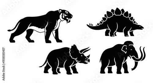 Prehistoric Extinct Animals Silhouettes Set: Saber-toothed Tiger, Stegosaurus, Triceratops, Mammoth