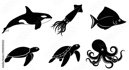 Set of marine animals silhouettes: orca, squid, fish, turtles, and octopus, isolated on white