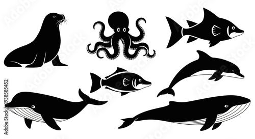 Set of marine animals silhouettes. Ocean creatures collection. Underwater wildlife vector.