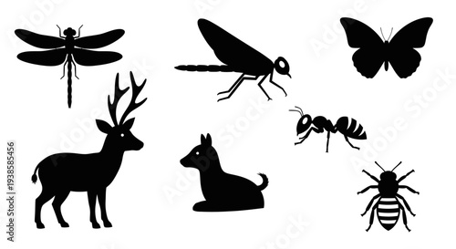 Wildlife Silhouettes Collection: Deer, Dog, Dragonfly, Butterfly, Ant, Bee Vector Set