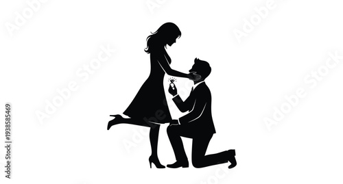 A romantic proposal scene depicted in a striking black silhouette