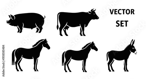 Vector Set of Farm Animal Silhouettes: Pig, Cow, Horses, and Donkey Icons