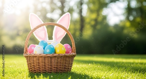 Easter basket with bunny ears and colorful eggs on grass