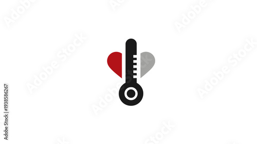 A heart on both sides of a thermometer, red and gray. Black background and white background