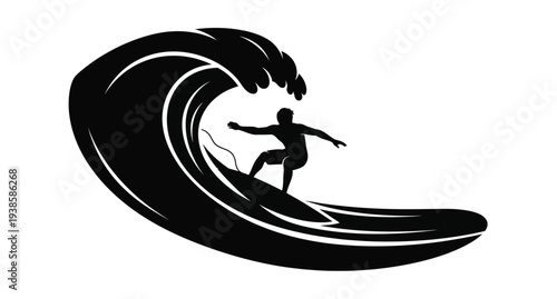 Surfer rides a powerful wave showcasing a dramatic silhouette