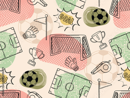 Seamless soccer pattern with ball, goal, trophy and sports gear.