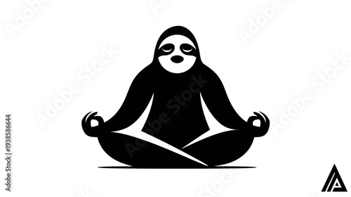 A silhouette of a slow-moving mammal in a seated yoga pose, serene face, on white background