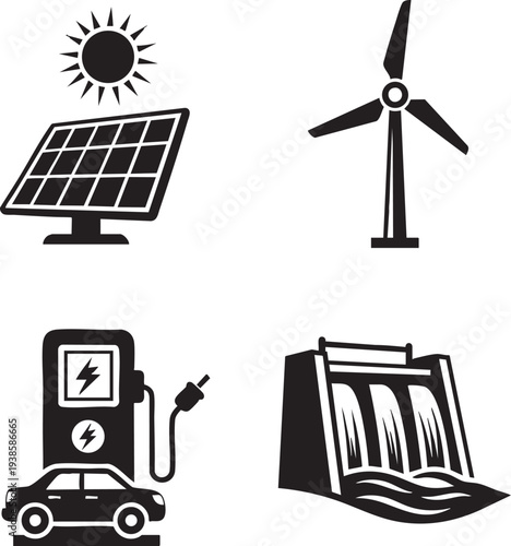 Renewable Energy Icons: Solar, Wind, Hydroelectric, Electric Car Charging transparent background